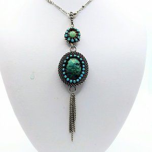 Silver Necklace Turquoise Gemstone Statement Pendant w/ Silver Tassel Fine Chain